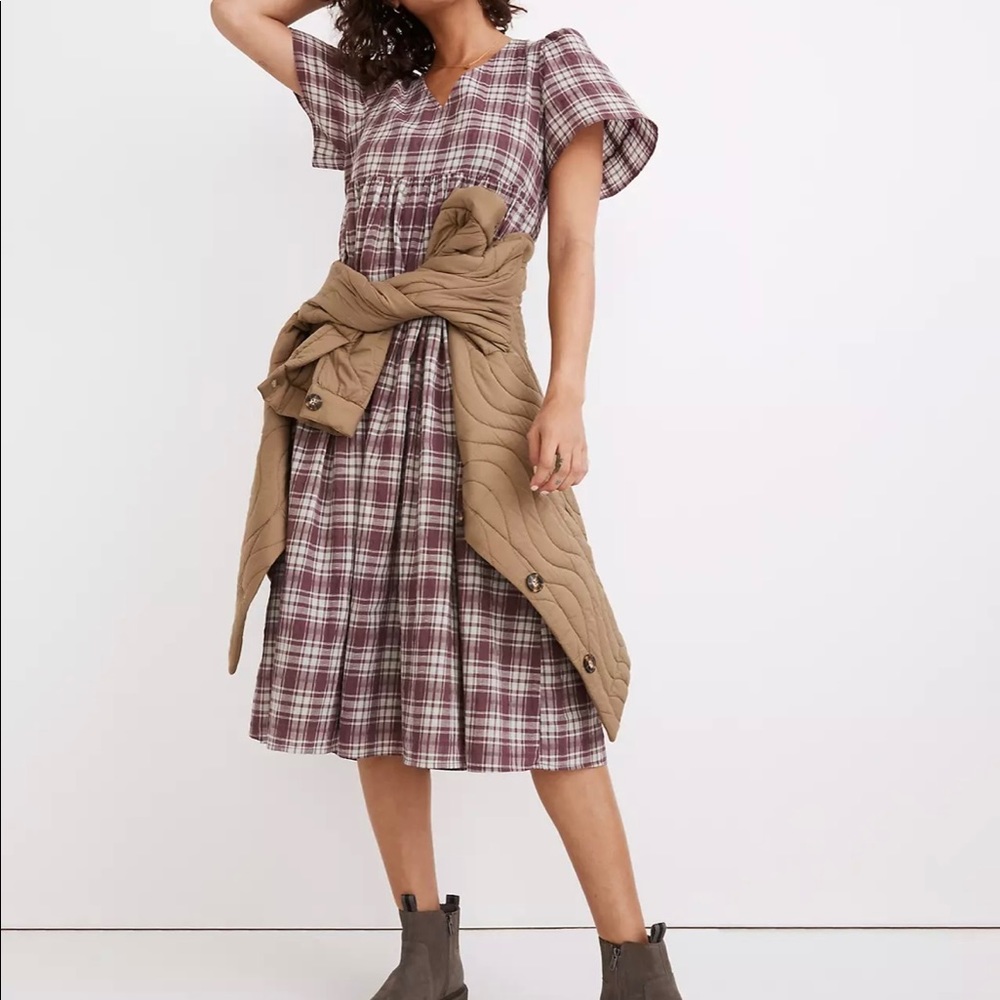 Madewell V-Neck Puff Sleeve Plaid Midi Dress
